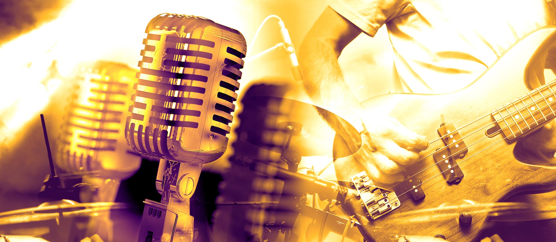 A vintage microphone and a person playing an electric bass guitar, both highlighted with a yellow and purple color scheme.