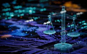 A digital rendering of justice scales stands on a glowing circuit board, symbolizing the intersection of law and technology.